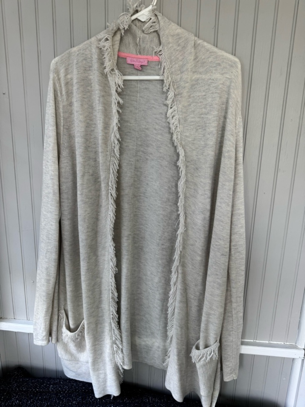 Lilly Pulitzer Light Gray Fringe Open-Front Cardigan